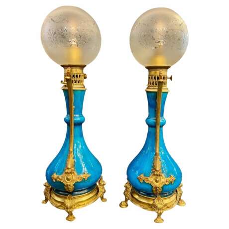 Pair Of Blue-glazed earthenware lamps in the Th&eacute;odore Deck style 19th century Bronze 19th century - Foto 1