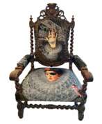 Catalogue des produits. Unique and Large Carved Oak Armchair in Modern Fabric in the Style of Louis XIII