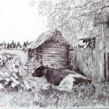 Русская Банька. Триптих. Фрагмент 3. Paper Charcoal American Realism Landscape painting Россия Томск 2023 - photo 1