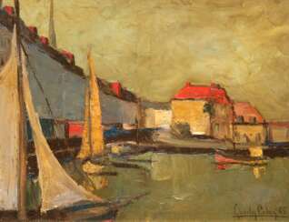 Maler 20. Jh. &quot;Kleiner Bootshafen&quot;, Öl/ Lw., undeutl. sign. u.r. und dat. ´65, 54x65 cm, Rahmen