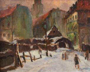 &quot;Stadt im Schnee&quot;, Öl/ Mp., unsign., rückseitig auf Mp bez. &quot;O. Müller&quot;, 29x35 cm, Rahmen