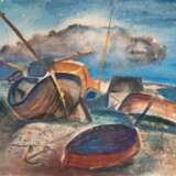 Dähn, Fritz (1908 Heilbronn-1980 ebenda) "Boote am Strand", Mischtechnik, sign. u.l., 50x64,5 cm, im Passepartout hinter Glas und Rahmen (Dähn war ein deutscher Maler und Rektor der Kunsthochschule Berlin-Weiße… - photo 1
