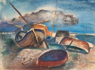 Dähn, Fritz (1908 Heilbronn-1980 ebenda) &quot;Boote am Strand&quot;, Mischtechnik, sign. u.l., 50x64,5 cm, im Passepartout hinter Glas und Rahmen (Dähn war ein deutscher Maler und Rektor der Kunsthochschule Berlin-Weiße…