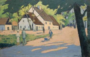 Winkler, G. &quot;Personen vor Bauerngehöft&quot;, Öl/ Lw. sign. u.r., 67x99 cm, Rahmen