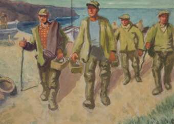 Schmied, Wilhelm (1910 Dresden-1984 Sangerhausen) &quot;Feierabend bei den Bootsbauern in den Dünen&quot;, Aquarell, sign. u.l., 40,5x55 cm, im Passepartout hinter Glas und Rahmen (Er war ein deutscher Maler und Grafiker…