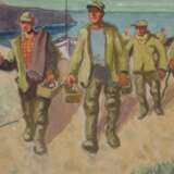 Schmied, Wilhelm (1910 Dresden-1984 Sangerhausen) "Feierabend bei den Bootsbauern in den Dünen", Aquarell, sign. u.l., 40,5x55 cm, im Passepartout hinter Glas und Rahmen (Er war ein deutscher Maler und Grafiker… - photo 1