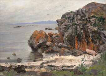 Bombach, Franz (1857 Berlin-1922 ebenda) &quot;Felsige Küstenlandschaft&quot;, Öl/ Holzplatte, sign. u.r., 40x55 cm, Rahmen