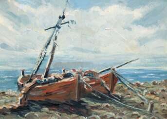 &quot;Fischerboote am Strand&quot;, Öl/ Lw., unsign., 26,5x35 cm, Rahmen