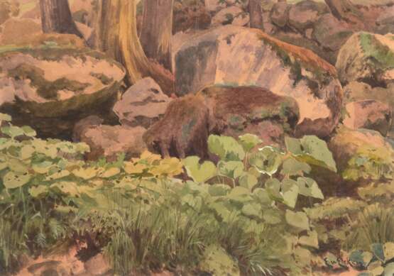 Eicken, Elisabeth von (1862 Mühlheim-1940 Michendorf) "Waldinneres", Aquarell/ Gouache, sign. u.r., sign. u.r., 25x36 cm, im Passepartout hinter Glas und Rahmen ( E. studierte ab 1882 in Paris bei E. Yon. Nach… - Foto 1