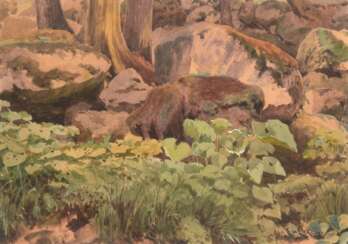 Eicken, Elisabeth von (1862 Mühlheim-1940 Michendorf) &quot;Waldinneres&quot;, Aquarell/ Gouache, sign. u.r., sign. u.r., 25x36 cm, im Passepartout hinter Glas und Rahmen ( E. studierte ab 1882 in Paris bei E. Yon. Nach…