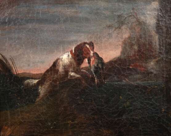 Altmeister "Jagdhund mit Ente", Öl/ Holz, doubliert, craqueliert, unsign., 27,5x35,5 cm, Rahmen - photo 1