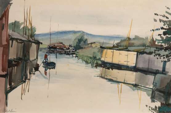 Malchin, Carl (1838 Kröpelin- 1923 Schwerin) "Ruderer vor Bootschuppen", Aquarell, sign. u.l., 18x27 cm, im Passepartout und Rahmen (Studium in München und Weimar, Konservator der Gemäldegalerie in Schwerin, ma… - photo 1