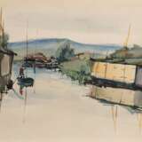 Malchin, Carl (1838 Kröpelin- 1923 Schwerin) "Ruderer vor Bootschuppen", Aquarell, sign. u.l., 18x27 cm, im Passepartout und Rahmen (Studium in München und Weimar, Konservator der Gemäldegalerie in Schwerin, ma… - photo 1
