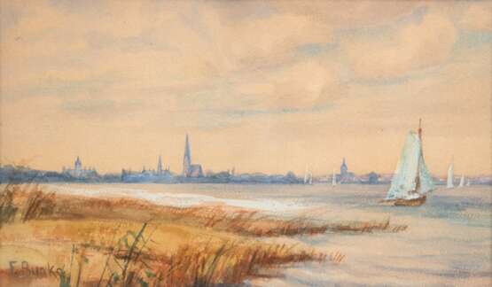 Bunke, Franz (1857 Schwaan-1939 Oberweimar) "Mecklenburger Seenlandschaft mit Segelbooten", Aquarell, sign. u.l., 14x23,5 cm, hinter Glas und Rahmen (Studium in Berlin und Weimar, Begründer der Schwaaner Malerk… - photo 1