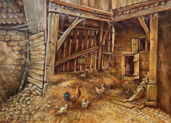 Lüth, R. "Im Hühnerstall", Öl/ Karton, sign. u.l., 33x44 cm, Rahmen - photo 1
