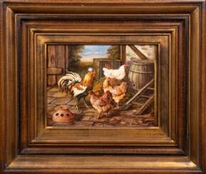 Hartmann &quot;Im Hühnerstall&quot;, Öl/ Platte, sign. u.r., 18x25 cm, Rahmen