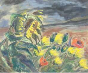 Schütt, Franz Theodor (1908 Berlin-1990 Wiesbaden) &quot;Blumenfeld mit Sonnenblumen und Mohn&quot;, Gouache/Mischtechnik, sign. und dat. `68 u.l., 45x55 cm, hinter Glas im Passepartout und Rahmen