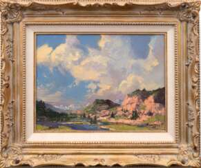 &quot;Lake San Christobal-Ansicht des Sees in Colorado&quot;, Öl/ Hartfaser, undeutl. sign., 30,5x40,5 cm, Rahmen