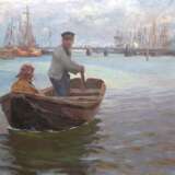 Grethe, Carlos (1864 Montevideo-1913 Nieuwport ) "Fischer in ihrem Boot auf dem Heimweg", Öl/ Lw., sign. u.l., kl. Retuschen und Farbverluste, 58x96 cm, ungerahmt (Figuren-, Landschafts- und Marinemaler. Er war… - photo 1