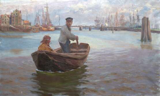 Grethe, Carlos (1864 Montevideo-1913 Nieuwport ) "Fischer in ihrem Boot auf dem Heimweg", Öl/ Lw., sign. u.l., kl. Retuschen und Farbverluste, 58x96 cm, ungerahmt (Figuren-, Landschafts- und Marinemaler. Er war… - photo 1