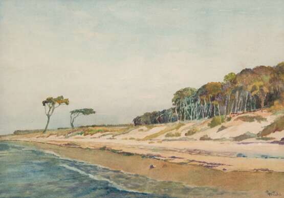 Kühl, Richard (1892 Stettin-1976) "Windflüchter am Strand", Aquarell, sign. u.r., 30x42 cm, hinter Glas und Rahmen (Landschafts- und Marinemaler, bevorzugte Motive: Darß, Ahrenshoop, Rügen u. Stettin) - Foto 1