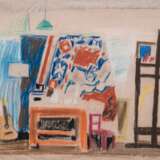 Laves, Werner (1903 Berlin-1972 ebenda) "Atelierstilleben", Ölkreide auf Bütten, sign. und dat. 1951, verso. Nachlaßstempel, unten mittig kl. Riß und 1 Ecke fehlt, 46x58 cm, ungerahmt - Foto 1