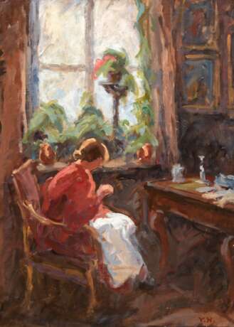 Monogrammist "V.H." Frau am Fenster", Öl/ Lw., monogr. u.r., 60x44 cm, Rahmen - photo 1