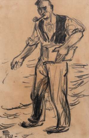 Tschirch, Egon (1889 Rostock-1948 Rostock) "Pfeife rauchender Bauer bei der Aussaat", Kohlezeichnung, monogr. und dat. 1929 u.l., 16,5x11 cm, hinter Glas und Rahmen (eigenes Atelier in Rostock, Studienreisen na… - photo 1