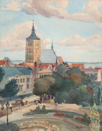 Eulert, Arthur (1890 Rostock-1946 Wismar) "Blick auf die Nikolaikirche in Rostock", Aquarell, sign. u.r. und dat. 1915, das Bild ist abgebildet im Buch "Rostock im Spiegel der Kunst" von Hartmut Gill,… - фото 1