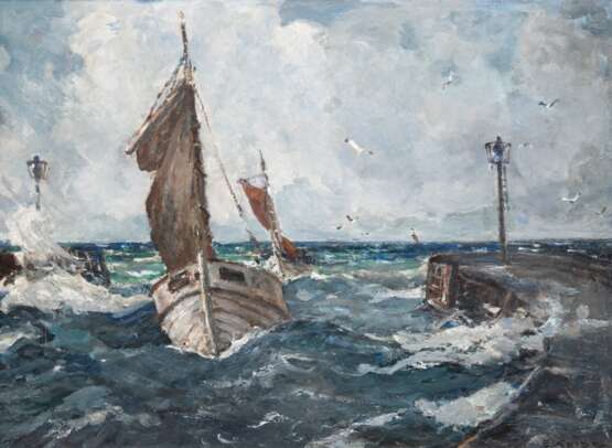 Kolbe, Ernst (1876 Marienwerder-1945 Rathenow/ Berlin) "Heimkehrende Fischkutter Rügenwalder Münde-heute Darlowka", Öl/ Lw., sign. u.r., rückseitig alter Zettel mit Künstlerangaben vom Verein Berliner Künstler,… - photo 1
