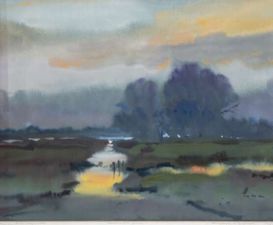Lux, Adorjan (1938 Ungarn-2018 Worpswede) " Spiegelung im Teufelsmoor", Aquarell/ Gouache, sign. u.r. und dat. 1987, mit Original Brief, 50x60 cm, im Passepartout hinter Glas und Rahmen - photo 1
