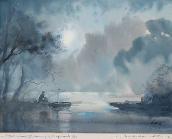 Lux, Adorjan (1938 Ungarn-2018 Worpswede) "Mondschein an der Hamme", Aquarell, sign. u.r., betitelt und dat. ´88, 28x37 cm, im Passepartout hinter Glas und Rahmen - photo 1
