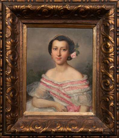 "Porträt einer jungen Dame mit Rosen im Haar", Öl/ Mp., unsign. rückseitig bez. "Charles Roberson & CO.-Long Acre London", 25x20 cm, Rahmen - Foto 1