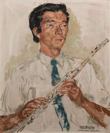 Gindler, Erich (1903 Königsberg-1995 Lübeck) "Porträt des japanischen Musikers", Öl/ Platte, sign. u.r. und bez. "Katsuhiko Suaiuray" und dat. Lübeck 1971, 65x50 cm, Rahmen - photo 1