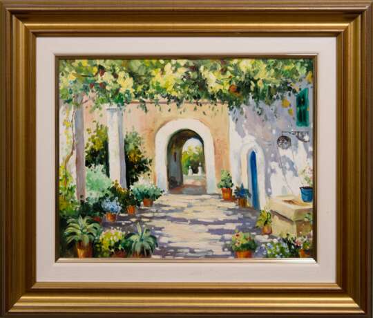 "Südländischer Garten mit Torbogen", Öl/ Lw., unsign., 33x41,5 cm, Rahmen - photo 2