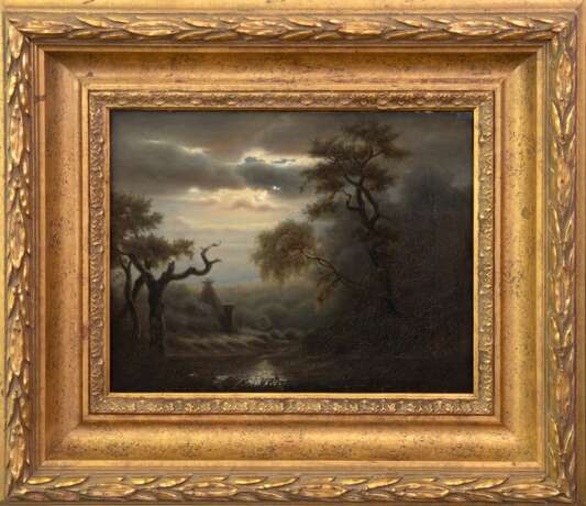 "Romantische Flußlandschaft im Mondschein", Öl/ Lw., unsign., im unteren Bereich craqueliert, 28x35,5 cm, Rahmen - photo 1
