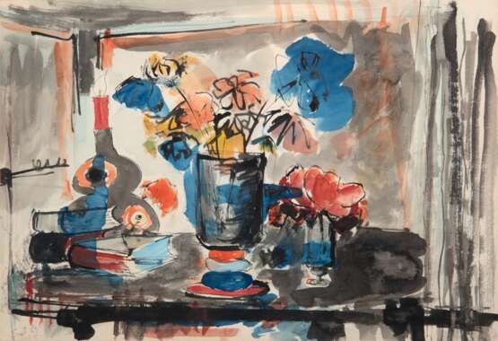 Monogrammist "Stilleben mit Blumen, Büchern und Kerze auf dem Tisch", Aquarell, monogr. "FS" und dat. Sept. ´69, 42x57,5 cm, im Passepartout hinter Glas und Rahmen - фото 1