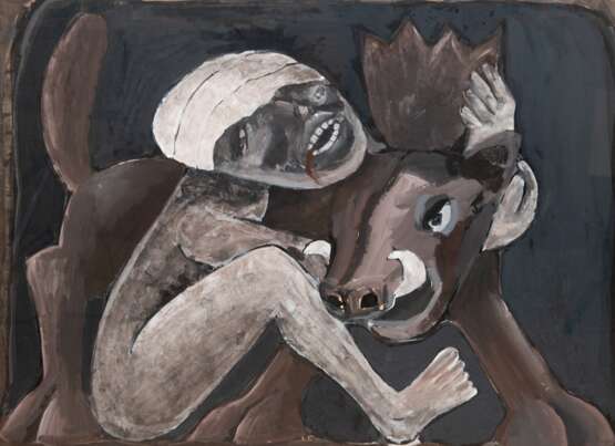 Rosteck, Jürgen (1946 Berlin-2011 Bremen) "Fabelwesen mit Keiler", Gouache, unsign., 58x77,5 cm, im Passepartout hinter Glas und Rahmen - Foto 1