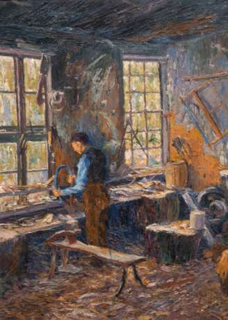 Deutscher Impressionist "Tischler in seiner Werkstatt", Öl/ Mp., unsign., 56x41 cm, Rahmen - photo 1
