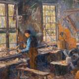 Deutscher Impressionist "Tischler in seiner Werkstatt", Öl/ Mp., unsign., 56x41 cm, Rahmen - photo 1
