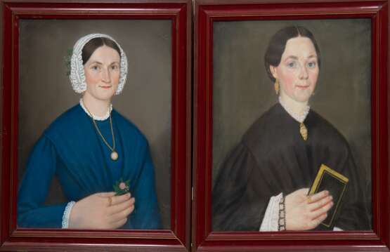 2x Biedermeier-Porträts "Dame mit Buch" und "Dame mit Spitzenhaube", Pastell, unign., 35x29 cm und 35x29,5 cm, jeweils hinter Glas und Rahmen - photo 1