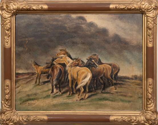 Böttcher, Ewald "Pferdeherde bei Gewitter", Öl/ Hartfaser, sign. u.l., 40,5x52 cm, Rahmen - photo 1