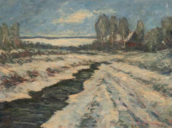 Werner, Max (1879 Staucha-1952 Neumünster) "Winterlandschaft mit Bauerngehöft hinter Bäumen", Öl/ Platte, sign. und dat. u.r., 47x62 cm, Rahmen - Foto 1