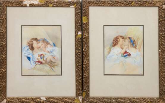 Brookes, M., Pendants "Geschwisterliebe", Pastell, sign. u.r., je 19x15 cm, im Passepartout hinter Glas und Rahmen (beschädigt) - Foto 1
