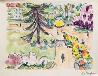 Hauptmann, Ivo (1886 Erkner-1973 Hamburg/Dresden) &quot;Pariser Straßenszene&quot;, Aquarell/Stift/Papier, sign. u.r., rückseitig Nachlass-Stempel, Knickfalte am oberen Rand und leicht besch., 38x46 cm, ungerahmt (ältest…