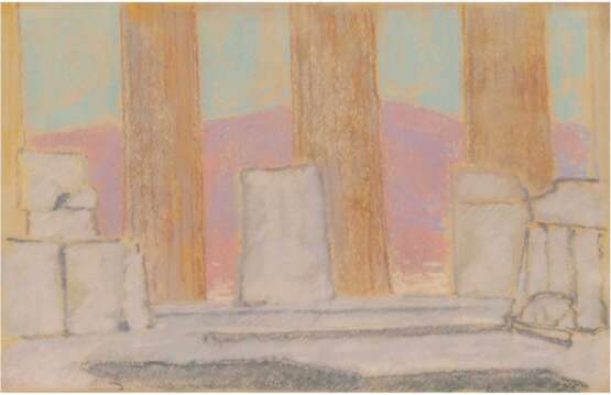 Hauptmann, Ivo (1886 Erkner-1973 Hamburg/Dresden) "Säulen von Athen", Pastell/Papier, um 1905-1907, unsign., rückseitig Nachlass-Stempel, 23,5x35 cm, im Passepartout hinter Glas und Rahmen (ältester Sohn von G… - Foto 1