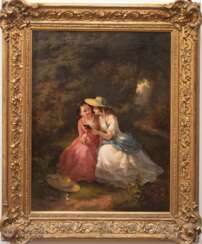 Bohn, Heinrich (aktiv ca. 1846-1883) &quot;Zwei Mädchen mit Florentinerhüten auf einer Waldlichtung&quot;, sign. und dat. &quot;H. Bohn 1855&quot;, 69x53 cm, Rahmen
