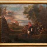 "Idyllische Landschaft mit Bauernfamilie", Öl/Lw., 1 Hinterlegung, Lw. beschäd. o.r,, auf Rahmen bez. "Roos, Johann Melchior", 73x87,5 cm, Rahmen - photo 1
