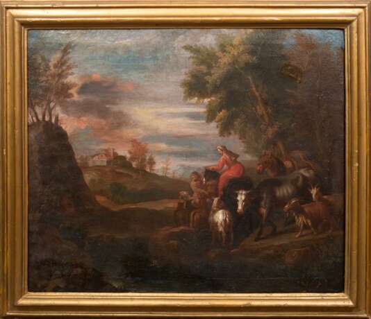 "Idyllische Landschaft mit Bauernfamilie", Öl/Lw., 1 Hinterlegung, Lw. beschäd. o.r,, auf Rahmen bez. "Roos, Johann Melchior", 73x87,5 cm, Rahmen - photo 1