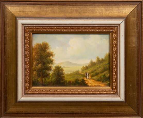 "Romantische Landschaft mit Personenstaffage", Öl/ Platte, sign. u.r., 13x18 cm, Rahmen - photo 1